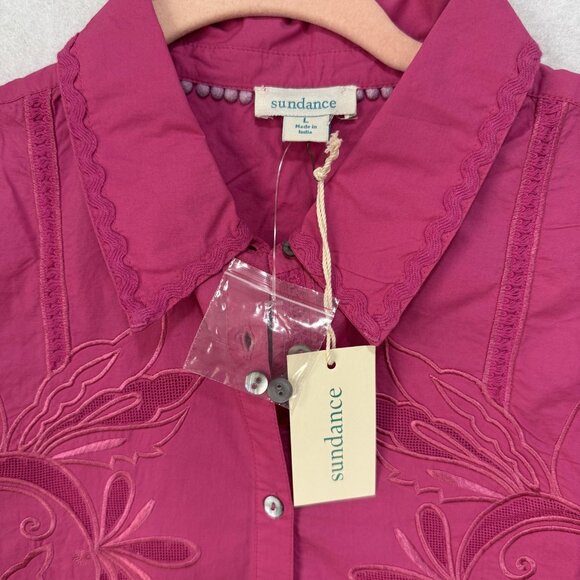 Sundance Shirt Womens Large Magenta Embroidered Eyelet Bishop Sleeve Boho Blouse - Picture 5 of 8